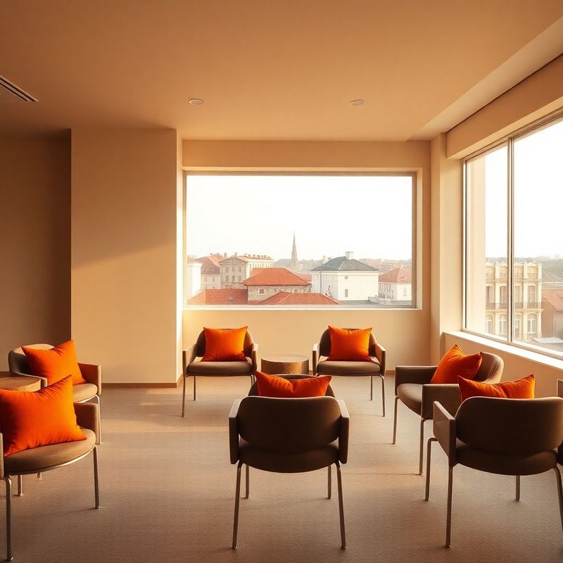 Sală de conferințe cu pereți crem și accente terracotta, lumină de după-amiază peste acoperișurile Cluj-Napoca